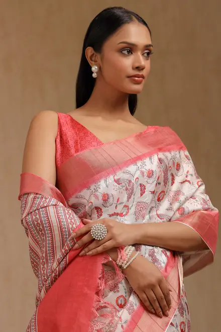 Beige Art Silk Botanical Print Saree